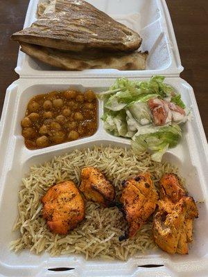 Lunch special: Chickpeas, salad, rice, chicken kabob & nan