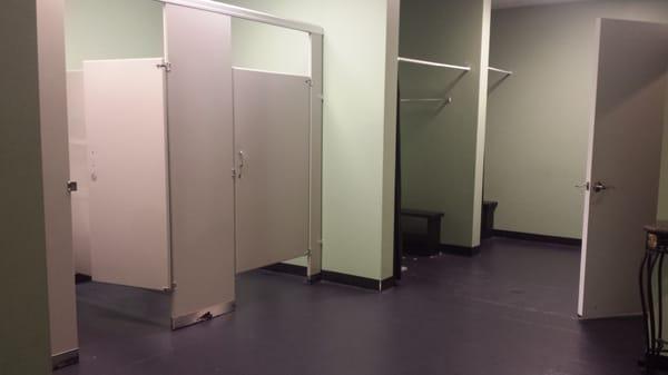 Women's locker room bathroom stalls and showers