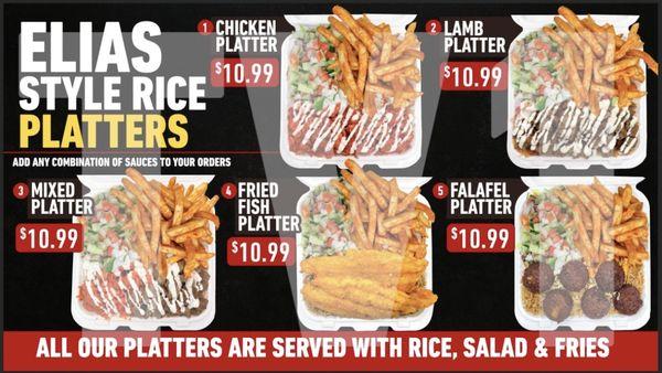 Elias Style Rice Platters! Available in Lamb, Chicken, Fish or Falafel - ask about our mixed option!