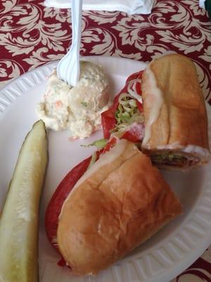 Hot Italian sub with potato salad.