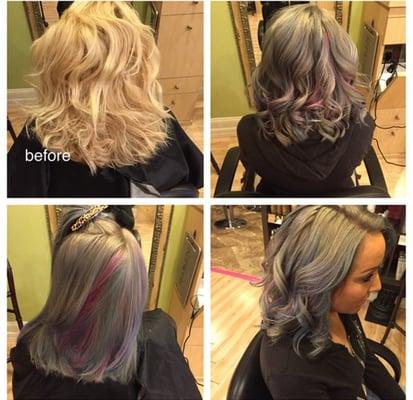 Platinum blonde to stunning silver with fun color accents!