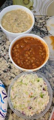 Cole slaw, bbq beans, chicken dumplings