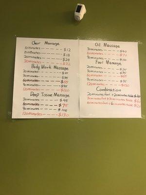 Massage prices