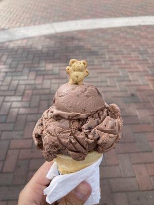 Chocolate ice cream with a funny little graham cracker bear on top!