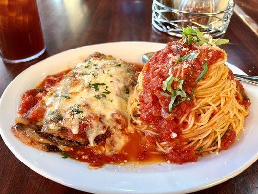 Eggplant parmesan with angel hair pasta