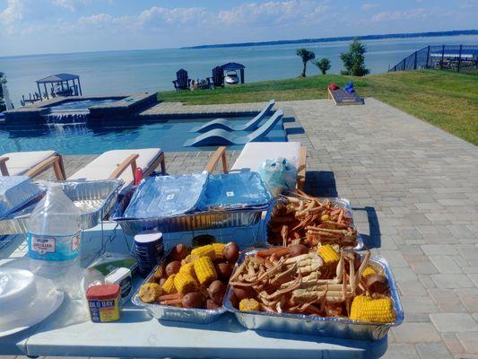 Cooked and grilled at a event, this crab boil was also performed there