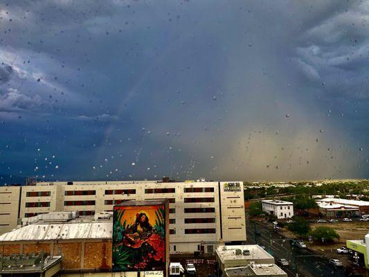 Monsoon rolling through. View from Room 711  Rainbow to the left, Dust-storm to the right...