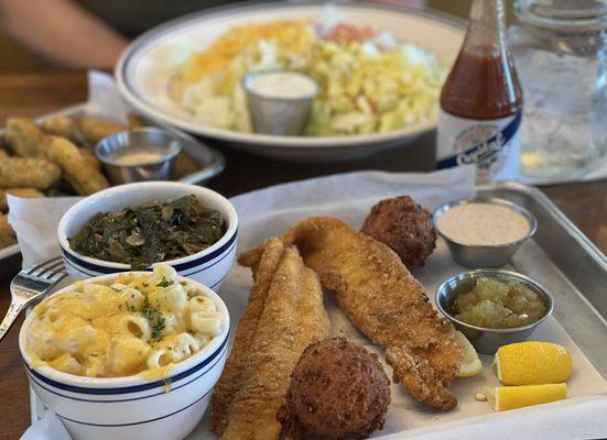 Catfish with a side of greens and mac & cheese