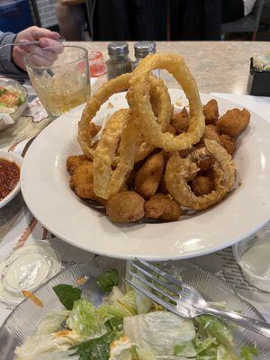 Fried appetizer platter. The mushrooms and onion rings were especially delicious!