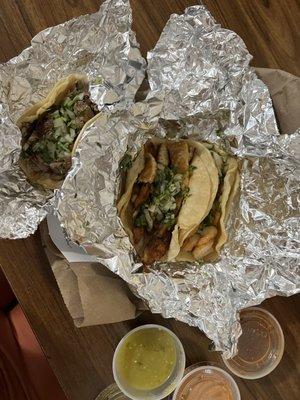 3 tacos: shrimp, fish, and pork