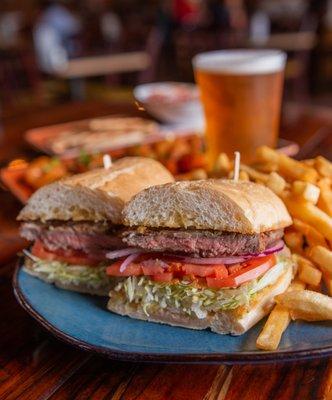 Steak sandwich and a beer