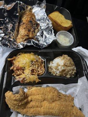 Fried and blackened catfish, rice & gravy, Spaghetti w/ Cheese