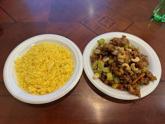 Chicken with cashew nuts and fried rice.