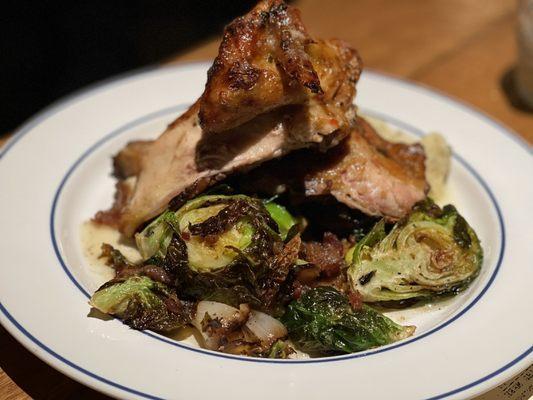 Roasted half chicken with Brussels sprouts and cauliflower mash