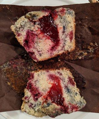 Interior of a mixed berry muffin. I died and went to heaven after I ate it, but I came back to write this review.