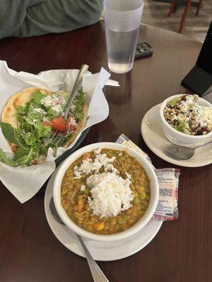 Chicken Pita Sandwich, lintil curry soup, wheatberry salad