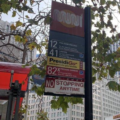 The bus stop is on Drumm Street and is just outside the Hyatt Regency. Look for the PresidiGo sticker on the MUNI flag pole. {10/22/2022}