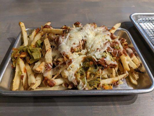 Green and red chili cheese fries