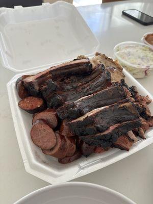 Big Jim's 5 Meat Tray (2 & 1/4 Lbs.). Ribs, brisket, chicken, spicy sausage, mild sausage.