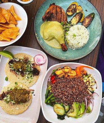 Dinner: Chicken with mole verde and carnita tacos