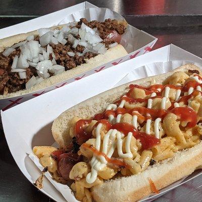 Coney island chilidog (no mustard), and a Mac Daddy dog.