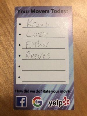 Mover names: Kraus, Cozy, Ethan, Reeves