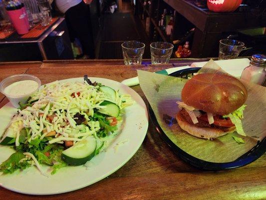 Salad, chicken sandwich. Delicious.