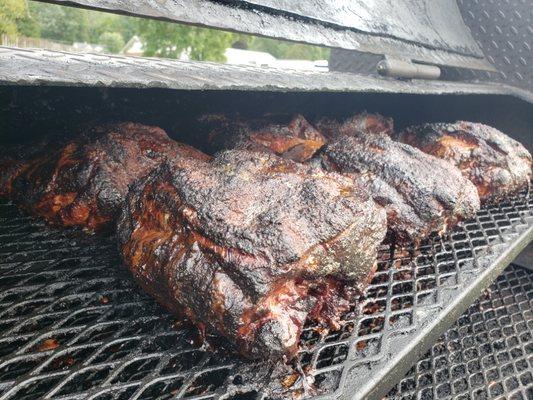 Pork butts on the smoker.