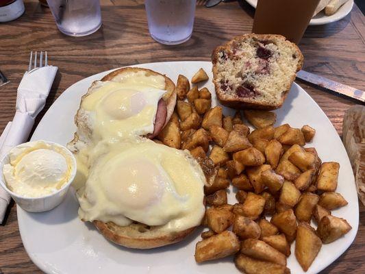 Eggs Benedict with Home Fries and a Cranberry Orange muffin