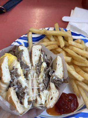 Steak, egg and cheese bagel