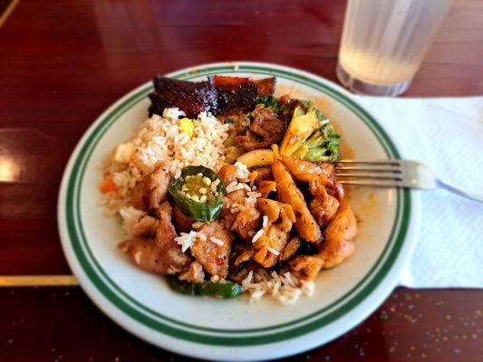 Pepper chicken. Teriyaki chicken, beef and broccoli. Spare ribs with rice