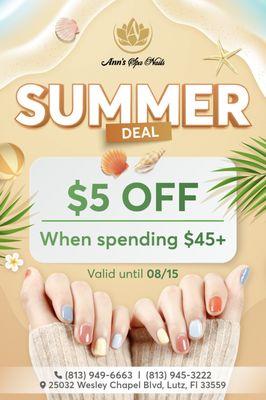 SUMMER DEAL ALERT! 
Why not treat yourself to some pampering at Ann's Spa & Nails Lounge this summer? 

 We're offering:
 $5 OFF