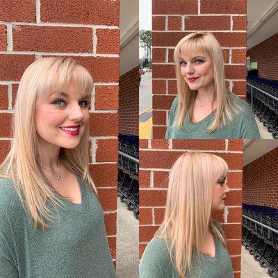 Blonde with strawberry blonde shadow roots by Donna