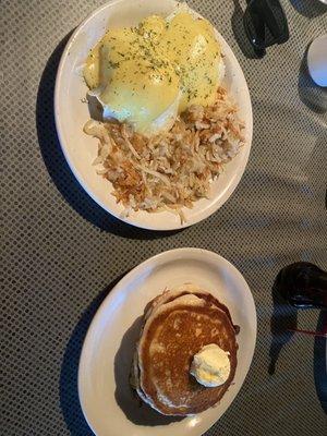 Eggs Benedict and chocolate chip pancakes