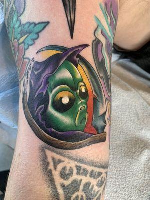 A colorful grim reaper alien done during one of our Friday the 13th events - tattoo by Kevin