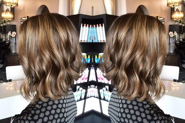 Balayage asymmetrical cut by stylist Lindsay