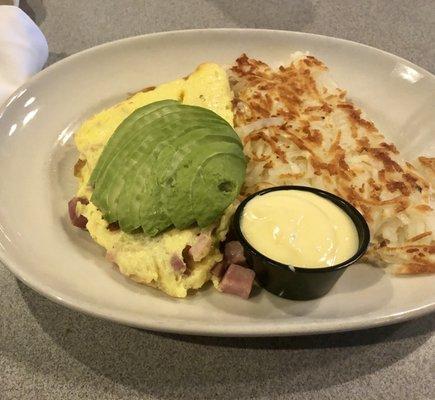 Ham and Cheddar omelet with avacado.