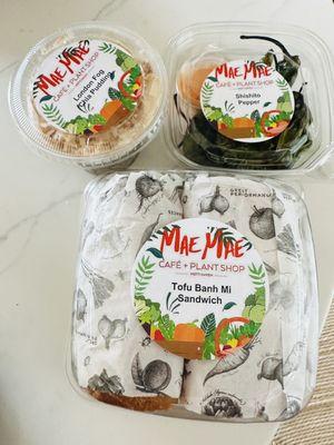 Grab and Go Eats - London Fog Coconut Chia Pudding; Charred Shishito Peppers w/ Chipotle Sauce, and Tofu Bahn Mi Sandwich.