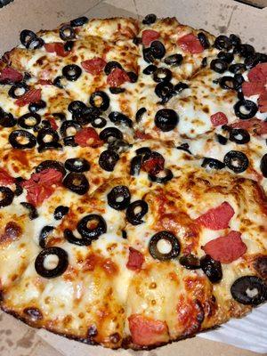 Medium sized pan crust with diced tomatoes & extra olives.