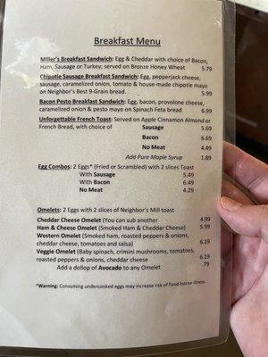 Breakfast menu