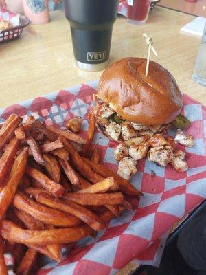 BBQ chicken sammich with side upgraded to sweet tater fries