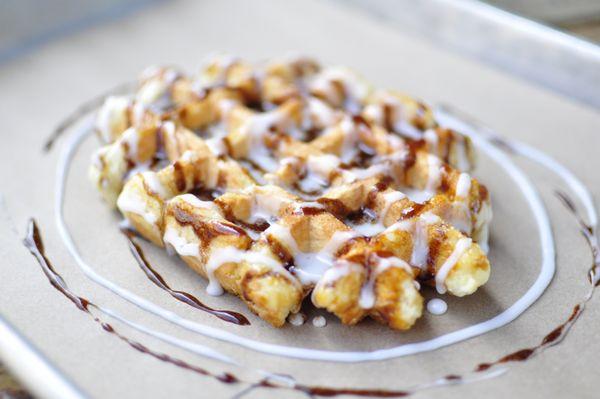 Cinnamon roll: Liege waffle with sweet cinnamon glaze and house-made cream cheese flavored icing