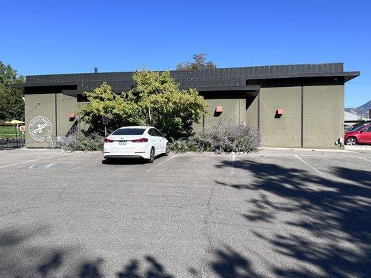 West entrance and parking area for Hatch Family Chocolates.