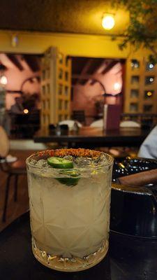 Hot pants- house infused Jalapeño patron, agave, lime, salt, rocks