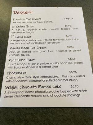 Dessert menu