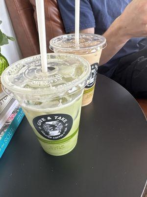 iced strawberry matcha and iced vanilla latte