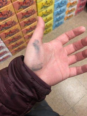 Some kind of oil/ink left on my hand from the handlebars