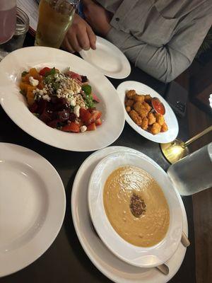 Wonderful appetizers; lobster bisque, fresh Rome fried cheese curds, pickled beet salad. We shared!