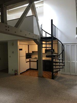 One bedroom loft with spiral Staircase.