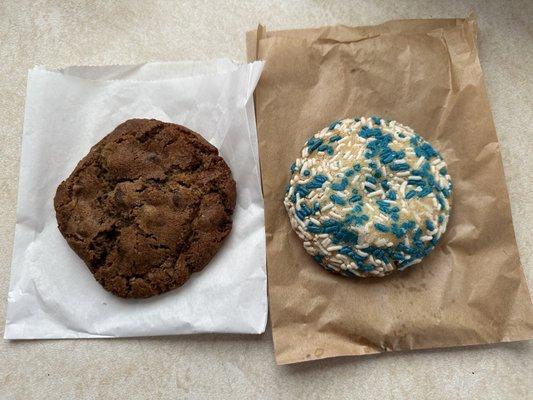 Chocolate chip cookie and a sprinkle cookie - very good!